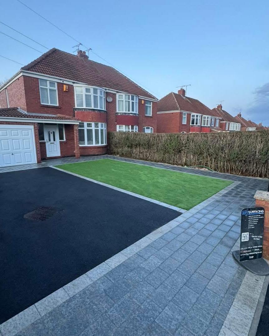 Block paving, tarmac & artificial grass front driveway