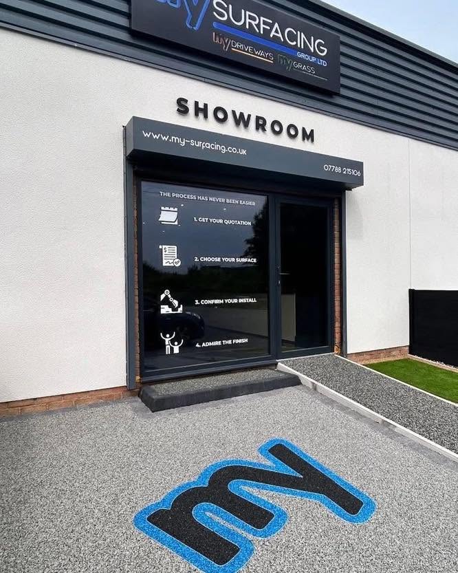 Our Sheffield showroom entrance with resin-bound branding