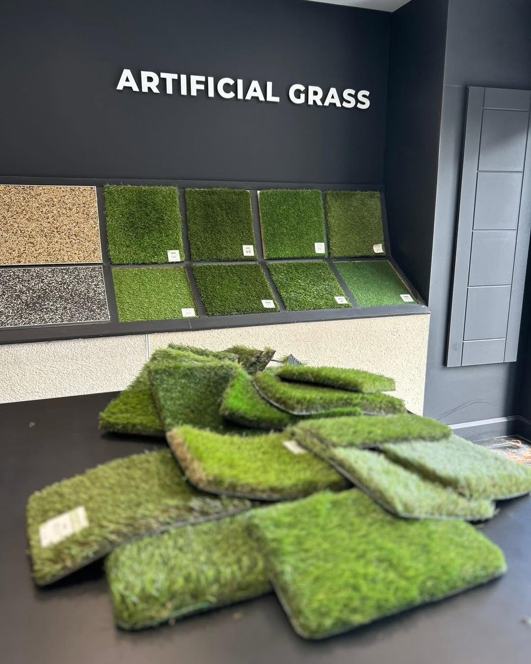Artificial grass samples on display in our showroom