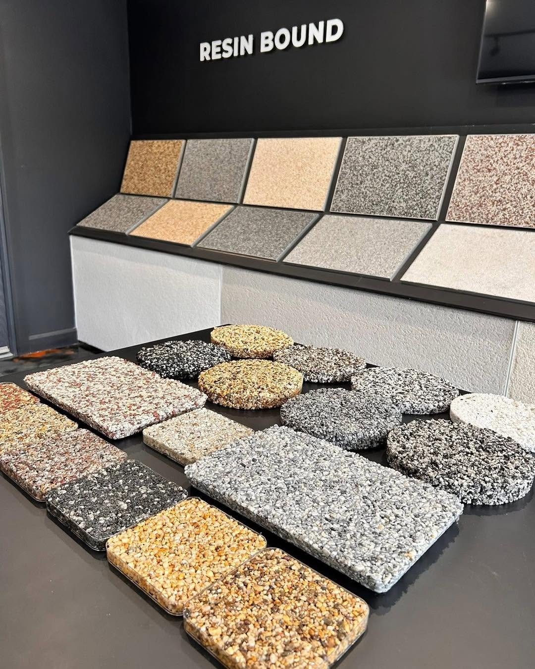 Resin-bound colour samples in our showroom